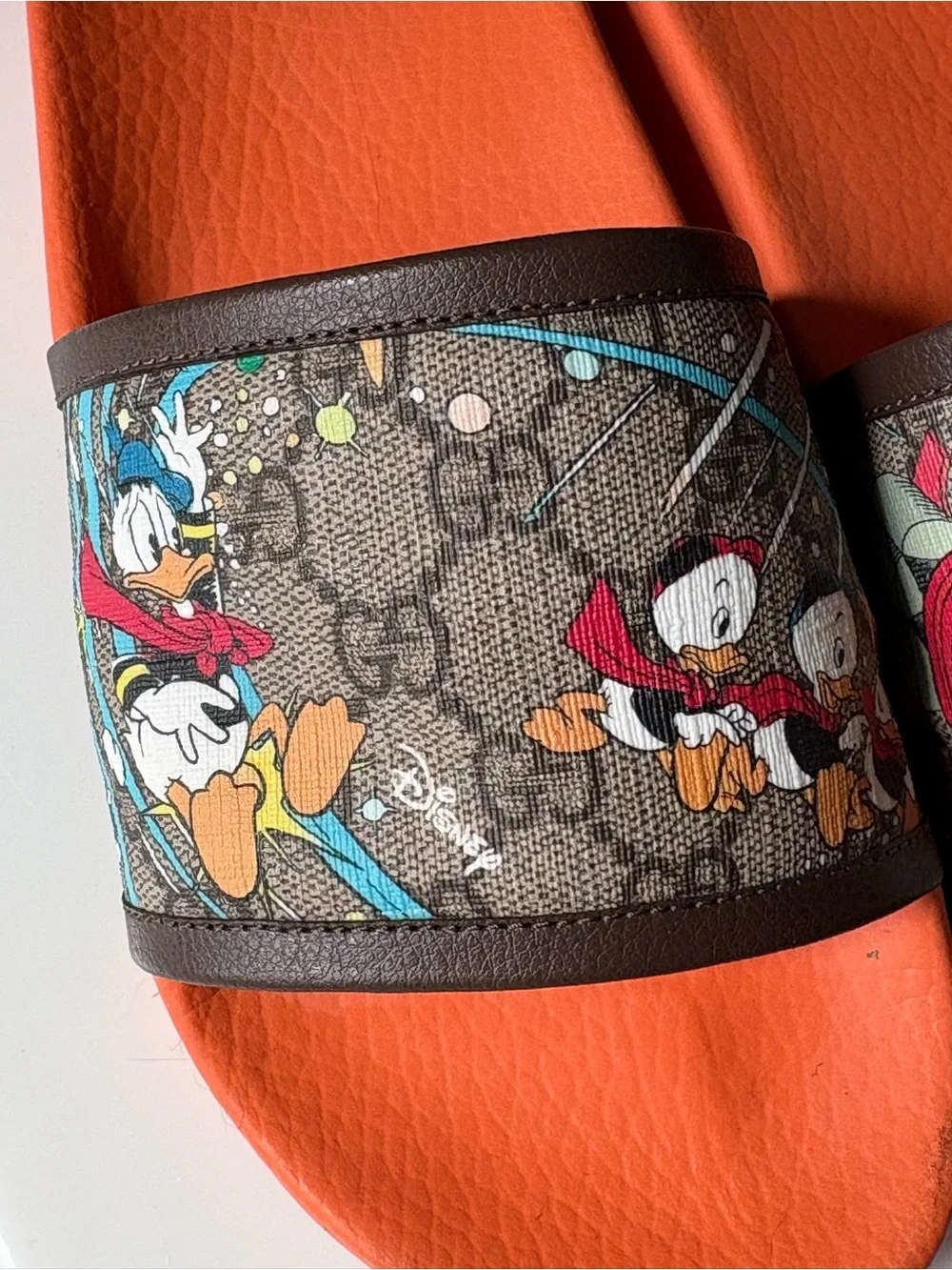 Gucci Orange & Brown Monogram Disney Graphic Slide Sandals